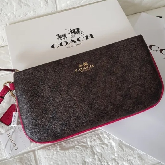 Coach Signature C Coated Canvas & Leather Large Zip Wristlet In Brown & Fuchsia - Picture 13 of 13